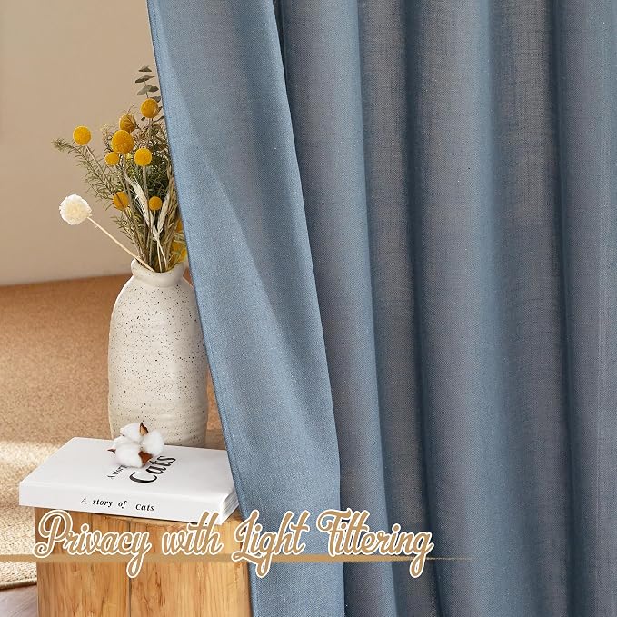 NICETOWN Stone Blue Linen Blend Curtains for Living Room, Rod Pocket & Back Tab Flax Linen Burlap Semi Sheer Privacy with Light Filtering Window Treatments for Bedroom, W52 x L90, 2 Panels