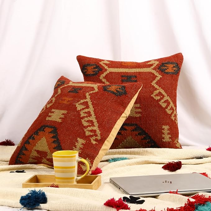 Trade Star Set of 2 Kilim Cushion Covers Handloomed Rug Decorative Cushion Cases Handwoven Pillowcases 18x18 Inches Throw Pillow Cover Designer Jute Wool Cushion Cover (Kilim 17)