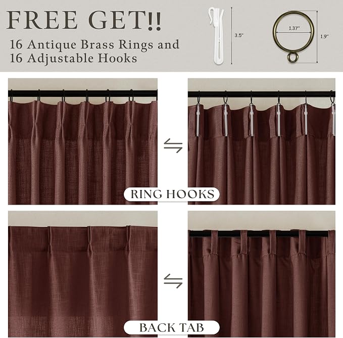 Chestnut Brown Pinch Pleated Linen Curtains 63 Inch Long Country Rustic Memory Training Semi Sheer Pleat Drapes with Hooks Rings 50 Inch Wide Back Tab Curtain 2 Panels Set for Dining Room Bedroom