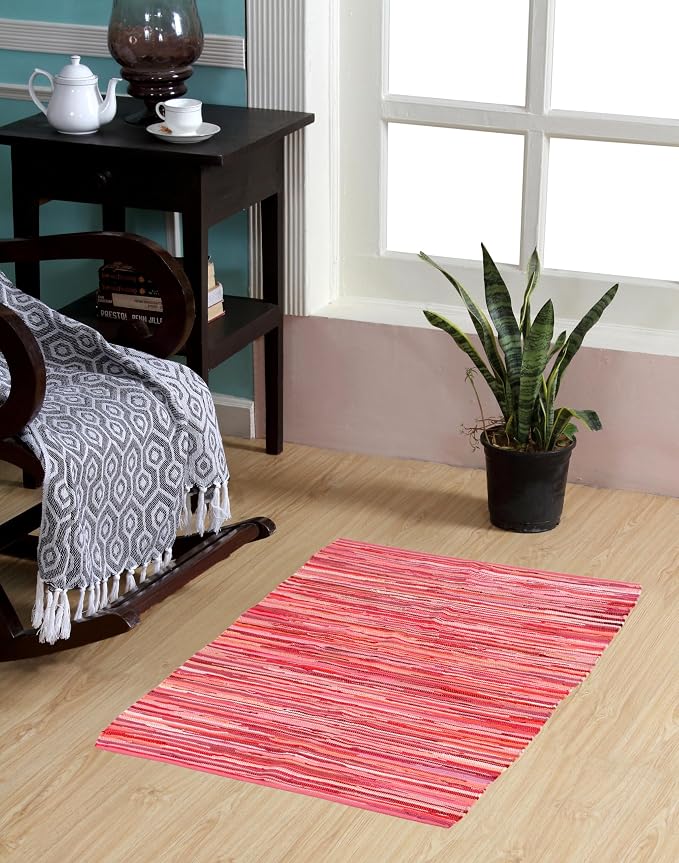 Handmade Cotton Chindi Rug Rectangular Area Rag Washable Recycled Rugs for Home Décor, Living Room and Bedroom (Pink, 2X3 Feet)