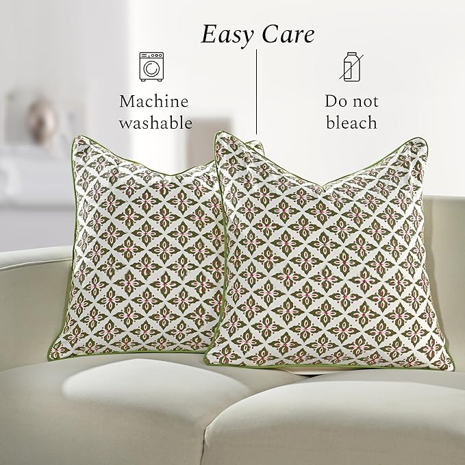 CPC Throw Piping Pillow Covers for Couch, 24x24 Inch Pillows for Living Room, 100% Cotton Boho Cute Outdoor Pillows, Flower Cushion Covers Gift for Spring, Easter - Farmhouse Verde Trellis