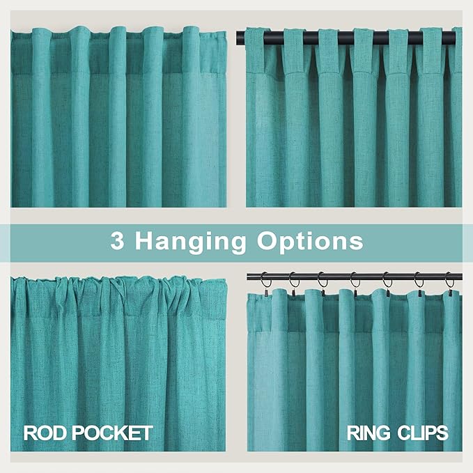 Mid Century Modern Teal Curtains 96 Inches Long 2 Panels for Living Room Bedroom Linen Sheer Semi Privacy Lightweight Light Filtering Drapes for Dining Room Office Farmhouse Coastal Decor 52x96 Length
