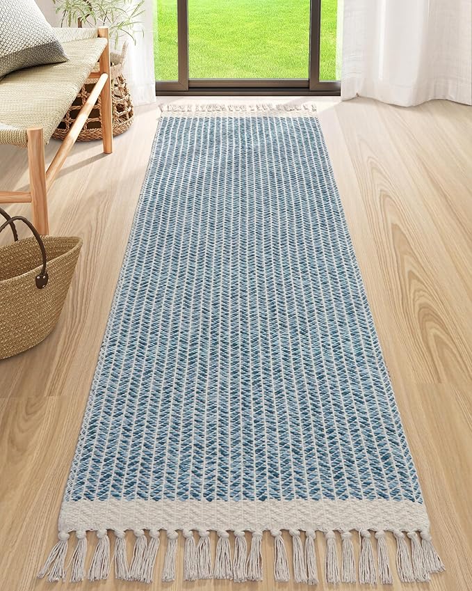 Lahome Belle Boho Kitchen Runner Rug, 2'6''x8 Runners for Hallways Lightweight Bathroom Rug Woven Cotton Throw Mat with Tassels, Farmhouse Blue Runner Rugs Non Shedding Rugs for Laundry Room Rv Decor