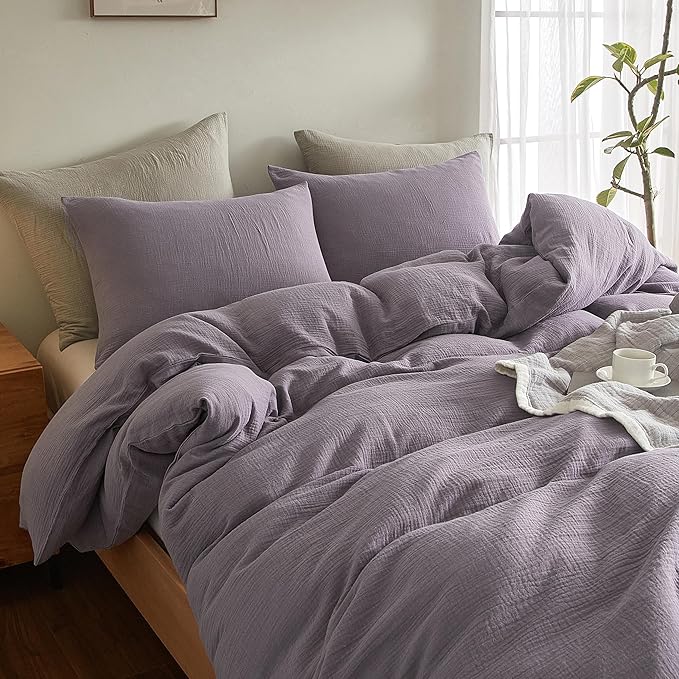 SE SOFTEXLY Muslin Duvet Cover King Size, 100% Washed Cotton Duvet Cover Set, Ultra Soft Comforter Cover Linen Like, 3 Pieces Minimalist Gauze Duvet Cover with 2 Pillowcases, 90"x104", Purple Grey