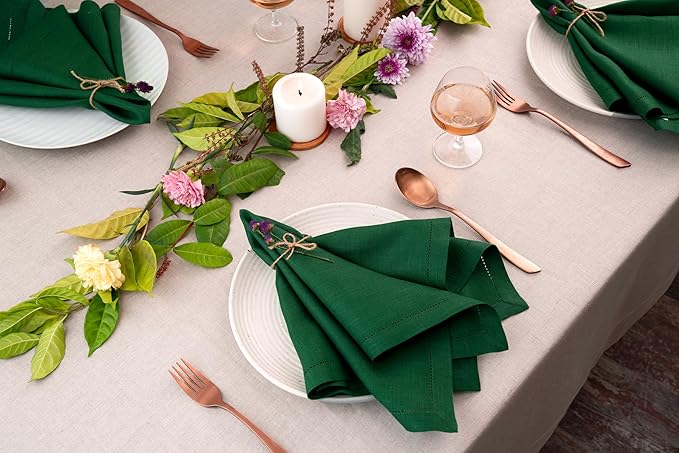 Signature Linen™ by D'Moksha Eden Green Dinner Napkins Set of 4, 20 x 20 Inch Cloth Napkins, 100% Pure Linen, Hemstitch, Machine Washable Table Napkins- Summer, Father's Day