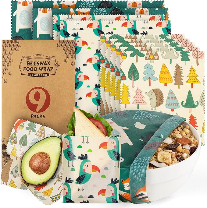 Akeeko Reusable Beeswax Food Wraps - Assorted 9 Packs, Reusable, Plastic-Free Food Storage, 5 Small, 2 Medium, 1 Large, 1 Extra Large Wraps with Forest Animals Pattern