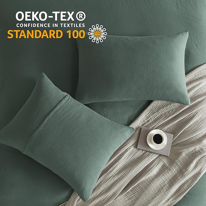 SE SOFTEXLY Muslin Duvet Cover California King Size, 100% Washed Cotton Duvet Cover Set, Ultra Soft Comforter Cover Linen Like, 3 Pieces Gauze Duvet Cover with 2 Pillowcases, 98"x104", Forest Green
