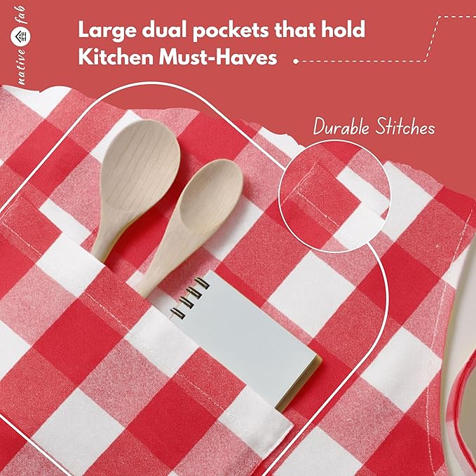 Native Fab Kitchen Apron 2 Pack - 100% Cotton Adjustable, Durable Apron with Pockets, Perfect for Cooking, Baking, Grilling