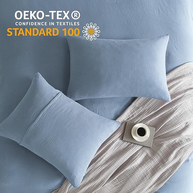 SE SOFTEXLY Muslin Duvet Cover Queen Size, 100% Washed Cotton Duvet Cover Set, Ultra Soft Comforter Cover Linen Like, 3 Pieces Minimalist Gauze Duvet Cover with 2 Pillowcases, 90"x90", Blue