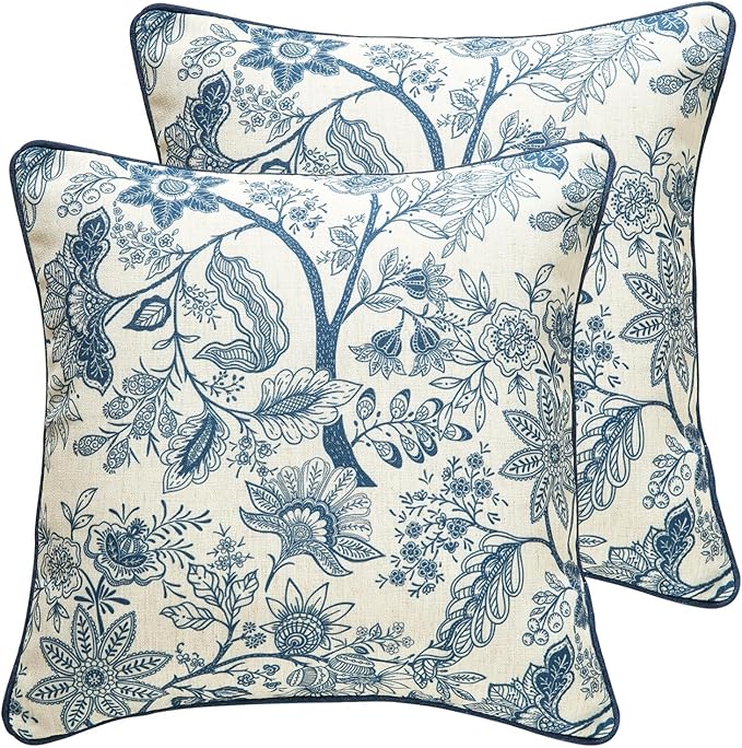 ISAENNE Design Linen Square Throw Pillow Covers 18"x18" Pack of 2, French Country Cushion Covers with Blue Toile de Jouy Floral Pattern Decoration Pillowcases for Bed, Living Room, Outdoor, Car