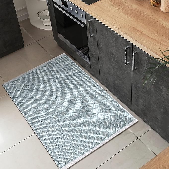 Cotton Diamond Woven Area Rug 2x3 Feet - Spa Grey, Anti Slip Decorative Durable Boho Front Door Throw Mats Ideal for Entryway, Kitchen, Office | Teal Farmhouse Indoor Daily Use Patio Rugs for Bedroom