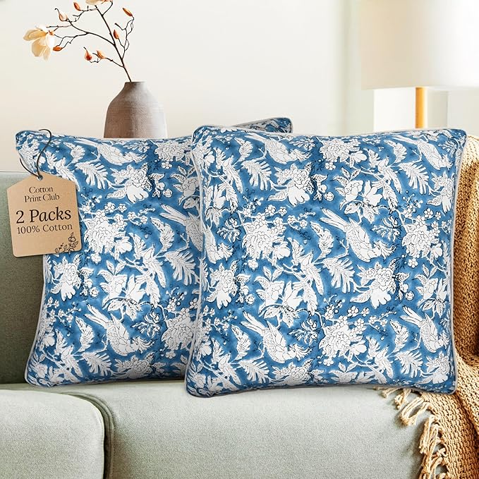 CPC 100% Cotton Throw Pillow Covers 18x18 Inch, Set of 2 Blue Block Print Pattern Couch Pillow, Cute Boho Decorative Pillows for Living Room, Bedroom with Hidden Zipper- Blue Sapphire