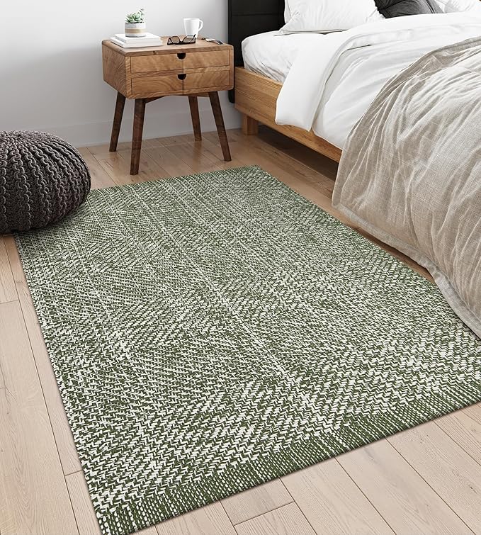 LEEVAN Washable Area Rug 4x6, Hand-Woven Cotton Living Room Rug, Green Braided Bedroom Rug, Farmhouse Indoor/Outdoor Floor Carpet for Patio, Nursery, Office, Playroom, Dining Room