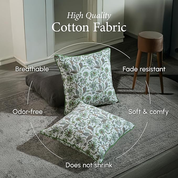 CPC 100% Cotton Throw Pillow Covers 18x18 Inch, Set of 2 Green Block Print Pattern Couch Pillow, Cute Boho Decorative Pillows for Living Room, Bedroom with Hidden Zipper- Mint Leaf