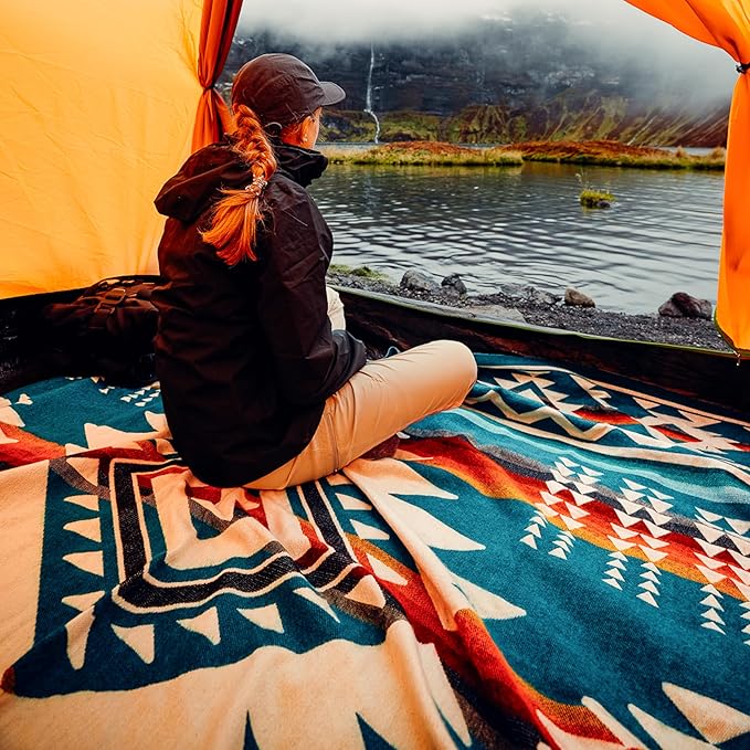 Alpaca Wool Throw Blanket, Native Design Wool Blanket, Throw Aztec Pattern Alpaca Wool Throw Blanket (Aquamarine, Queen 93" x 82")