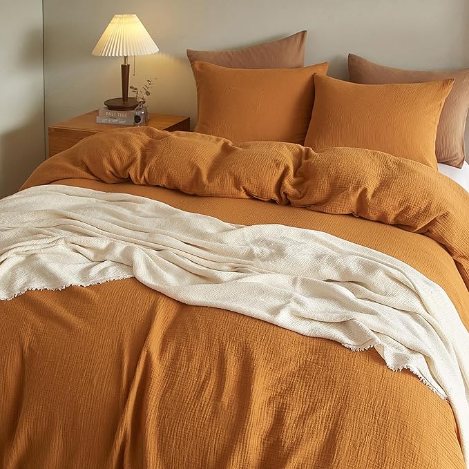 SE SOFTEXLY Muslin Duvet Cover King Size, 100% Washed Cotton Duvet Cover Set, Ultra Soft Comforter Cover Linen Like, 3 Pieces Minimalist Gauze Duvet Cover with 2 Pillowcases, 90"x104", Pumpkin