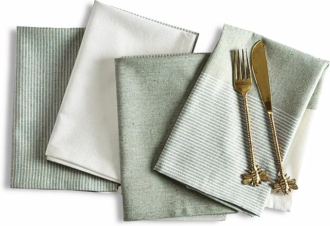 Ramanta Home Cloth Napkins Set of 4 18x18 Inches - Spring Basket Decor Block Striped Dinner Napkins for Easter Farmhouse Wedding, Washable Soft Cotton Durable Table Linen for Everyday Use - Green