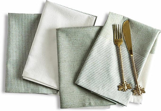 Ramanta Home Cloth Napkins Set of 4 18x18 Inches - Spring Basket Decor Block Striped Dinner Napkins for Easter Farmhouse Wedding, Washable Soft Cotton Durable Table Linen for Everyday Use - Green