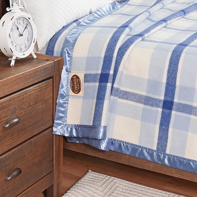 Creswick Woollen Mills 100% Australian Merino Wool Blanket – Soft Warm and Natural with Satin Binding, Breathable Luxury Bedding for All Seasons, (Blue Plaid, Throw)