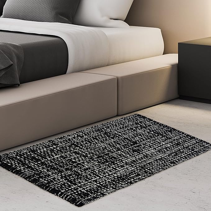 Chardin home Black and White Textured Rug | 21x34 Bathroom Rug Kitchen entryway | Reversible Handwoven Rug Machine Washable.