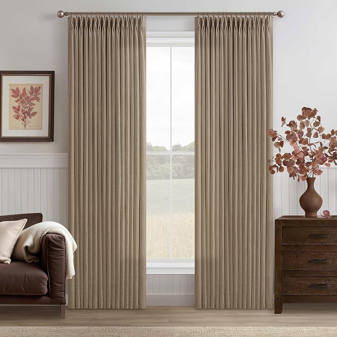 Thick Linen Pinch Pleat Curtains 86 Inches Length 2 Panels Set Latte Taupe Rustic Memory Trained Semi Sheer Privacy Flax Linen Window Drapes Track System 50 Inch Wide Curtain for Living Room Bedroom