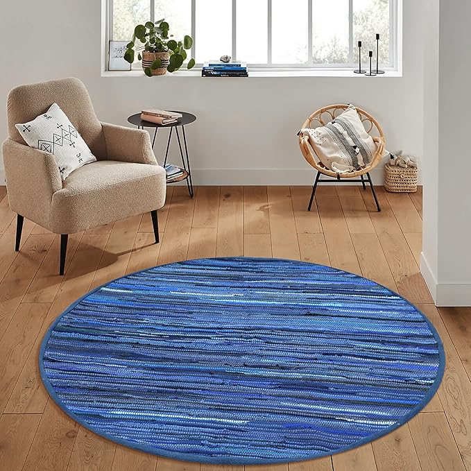 Cotton Hand Woven Chindi Area Rug 4 Feet Round - Navy, Reversible Large Durable Indoor Décor Carpet Ideal for Bedroom, Living Room, Nursery | Blue Soft Farmhouse Circle Floor Mat for Home Space