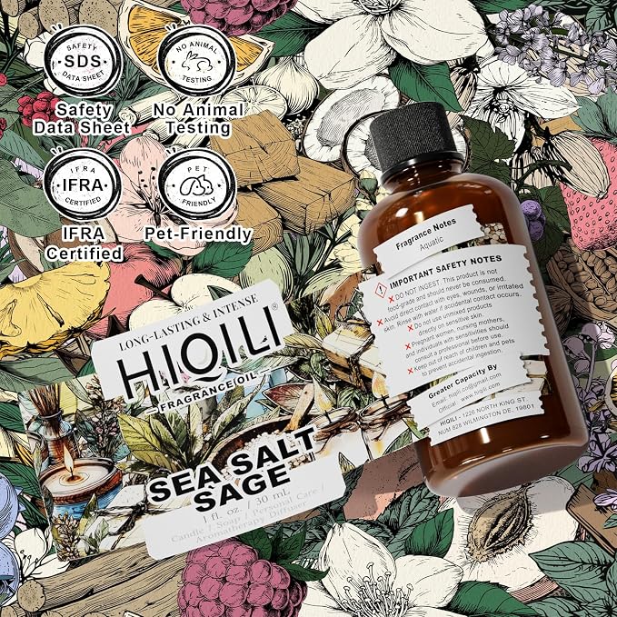 HIQILI Sea Salt Sage Fragrance Oil for Diffuser Use, DIY Perfume - 1 Fl Oz | Car/Hotel Collection Diffuser Oil, Long Lasting Scents, Candle & Soap Making Supplies, DIY Air Freshener Spray