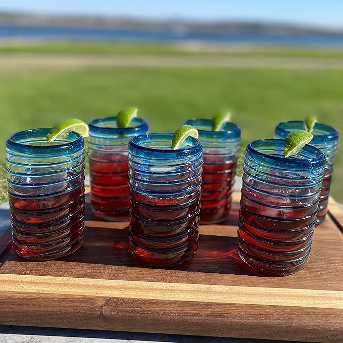 Dos Sueños Hand Blown Mexican Drinking Glasses – Set of 6 Glasses with an Aqua Spiral Design (14 oz each) …