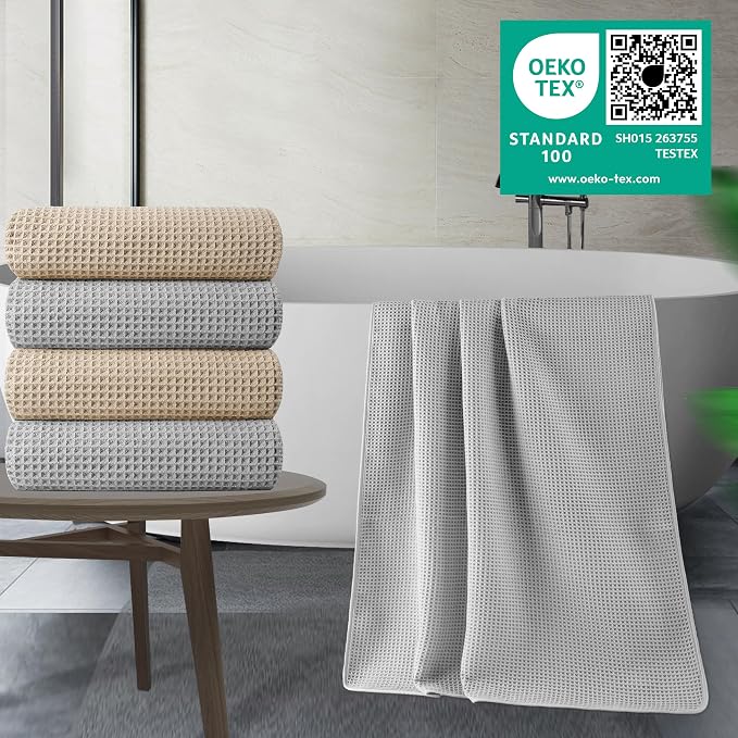 POLYTE 430 GSM Microfiber Oversize Quick Dry Lint Free Bath Towel, 60 x 30 in, 4 Pack (Waffle Weave)