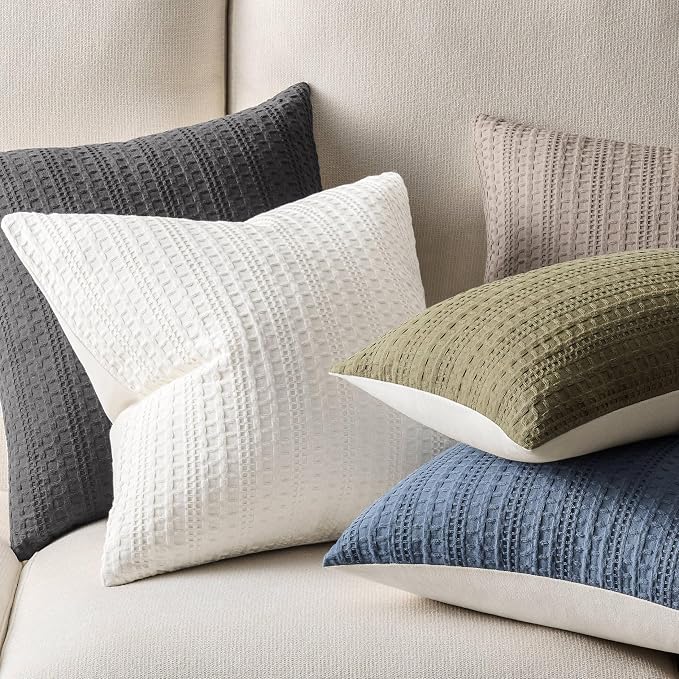 ZeeMart 100% Cotton Waffle Textured Throw Pillow Covers Set of 2, 24x24 Inch Charcoal, Soft Farmhouse Decorative Couch Pillow Cases Dark Grey Cushion Covers for Sofa Bed Living Room Home Decor