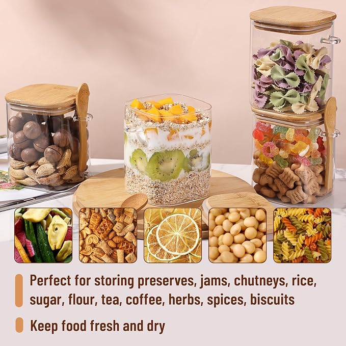 BAMBOO LAND- Glass Jars with Bamboo Lids and Spoons Set, 28 Oz, Set of 4, Glass Containers with Bamboo Lids Airtight for Loose Tea, Brown Sugar, Candy, Nuts