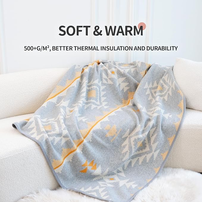 ACUSHLA Merino Wool Blend Blanket - Soft Warm Thick Washable Bed Couch Outdoor Camp Travel Car Blanket Throw All Weather, Morocco Grey 63" x 51"