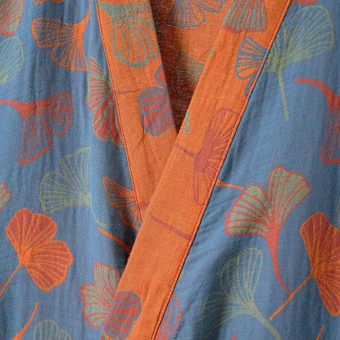 100% Cotton Gauze Ginkgo Leaf Kimono Robe, Long Knit Loose Bathrobe Nightgown Ladies Loungewear Sleepwear for Women