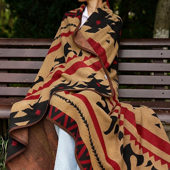 PuTian Merino Wool Blanket - Warm, Thick, Washable, 87" x 63" Large Throw for Outdoors, Camping, Couch, Bed, Travel - Super Soft Striped Fire Light Tan
