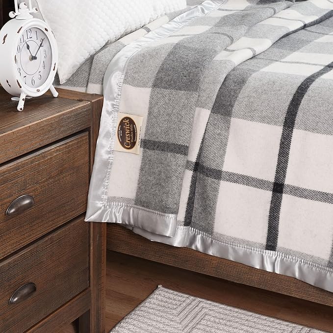 Creswick Woollen Mills 100% Australian Merino Wool Blanket – Soft Warm and Natural with Satin Binding, Breathable Luxury Bedding for All Seasons, (Gray Plaid, Twin Size)