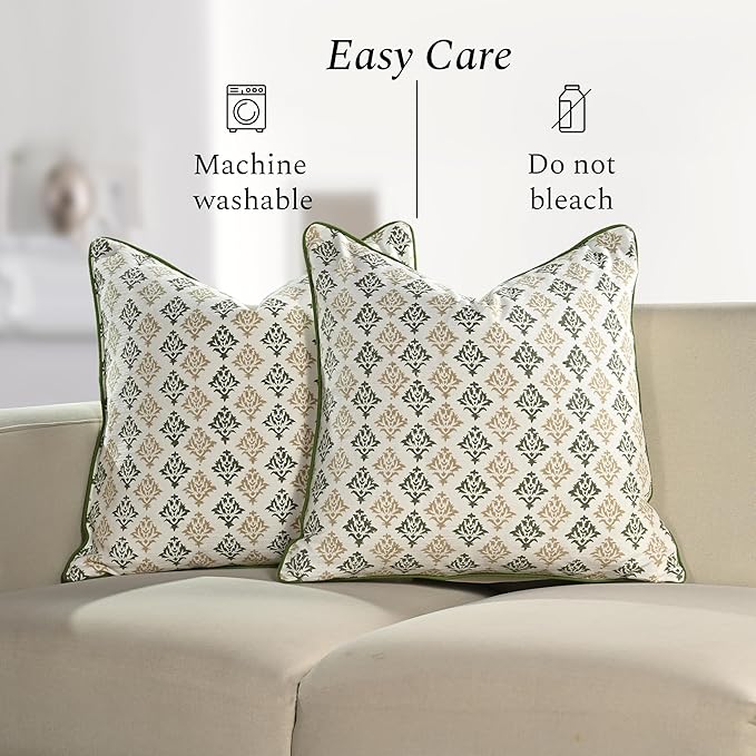 CPC Botanical Trellis Green Block Print Throw Cushion Cover 24 x 24 Inch Set 2 - Decorative Boho Floral Pillow Case for Living Room, Bed, Sofa, Couch, Home Decor Gift for Spring, Mother's Day