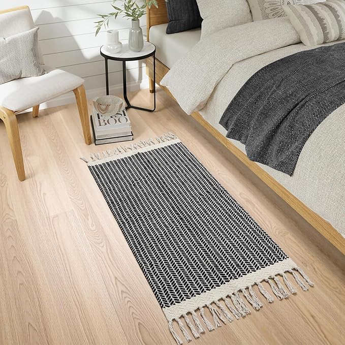 Lahome Belle Boho Kitchen Runner, 2x4.3 Bathroom Runner Rugs Lightweight Entryway Rug Woven Cotton Throw Mat with Tassels, Farmhouse Non Shedding Washable Black Low Pile Runners for Bedroom Doorway