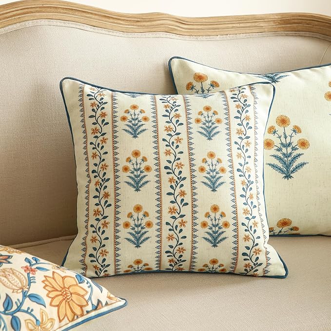 ISAENNE Design Square Simple Elegant Linen Throw Pillow Covers 18"x18" Pack of 2, Blue Yellow Floral Pattern Cushion Covers Decor Pillowcases for Bed,Living Room,Outdoor,Car