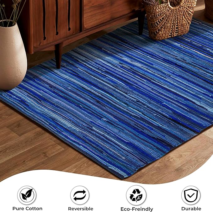 Cotton Hand Woven Chindi Rug 3x5 Feet - Navy, Reversible Outdoor Indoor Decorative Carpet Ideal for Entryway, Kitchen, Bedroom | Blue Farmhouse Accent Soft Durable Outdoor Floor Rag Rugs for Nursery