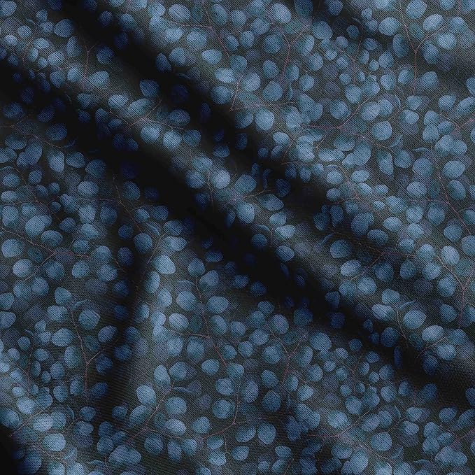 Soimoi Leaves Print - Blue, Pure Silk Fabric - 42 Inch Wide, 1 Yard, Lightweight Material, Perfect for Elegant Dresses, Sarees, Scarves, Evening Wear