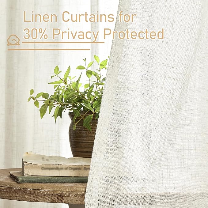LAMIT Cream Semi Sheer Linen Curtains 60 Inch, Light Filtering Neutral Window Panels Farmhouse Boho Back Tab and Rod Pocket Drapes for Bedroom, 2 Panels, 52 x 60 Inch