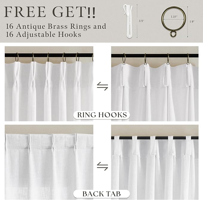 Extra Long White Linen Curtains 120 Inches Long Modern Neutral Curtain 10 Foot Light Filtering Semi Sheer Back Tab Pinch Pleat Curtain for Tall Ceiling Living Room 2 Panels 50 by 120 Inch Length