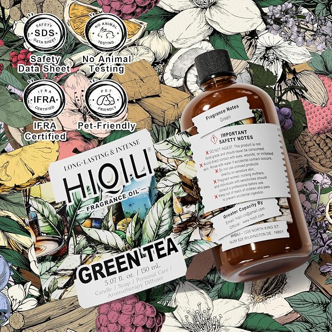 HIQILI Green Tea Fragrance Oil, Refreshing Scents for Laundry - 5.07 Fl Oz | Long-Lasing Aroma for Wool Dryer Balls, Candle & Soap Making, Home Diffusers, Pet Safe, Graduated Dropper Included