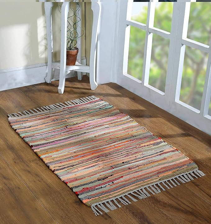Cotton Rag Rug 24x36'' | 2x3' Multicolor Area Rug - Hand Woven, Washable & Reversible with Tassels - Perfect for Living Room, Kitchen, Entryway, or Bedroom (Multi Color)
