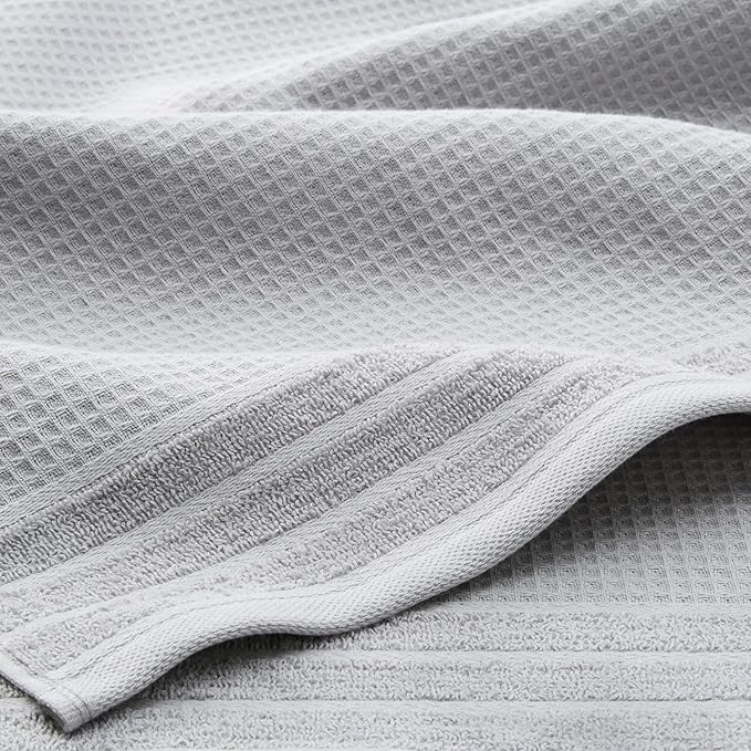Town & Country Basics 4-Piece Waffle Woven Terry Stripe Bath Towel Set, 30x56-Inch, 100% Cotton, Quick Dry, Gray