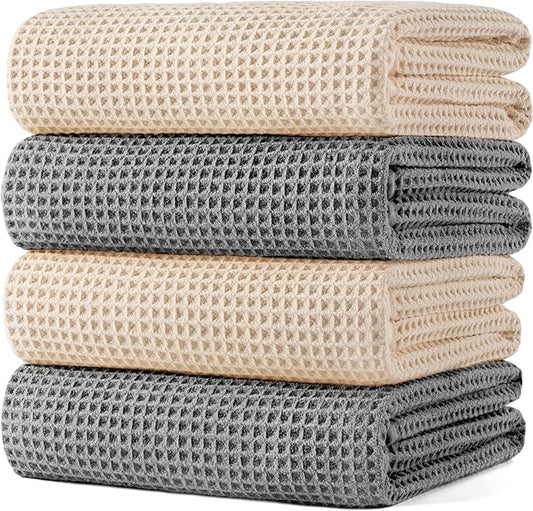 POLYTE 430 GSM Microfiber Oversize Quick Dry Lint Free Bath Towel, 60 x 30 in, 4 Pack (Waffle Weave)