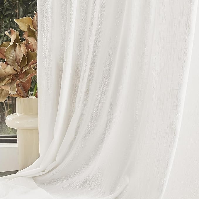 MYSKY HOME Short Curtains for Bedroom Small Windows, Light Filtering Sheer Drapes Boho Decor Country Style Kitchen Bathroom Panels Set, Light Filtering Privacy Blind, Beige White, 50x54, 2 Pieces