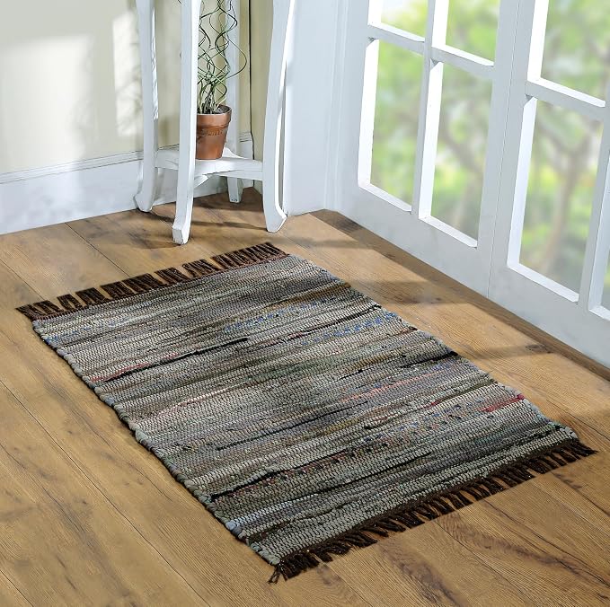 Cotton Rag Rug 24x36'' | 2x3' Multicolor Area Rug - Hand Woven, Washable & Reversible with Tassels - Perfect for Living Room, Kitchen, Entryway, or Bedroom (Brown)