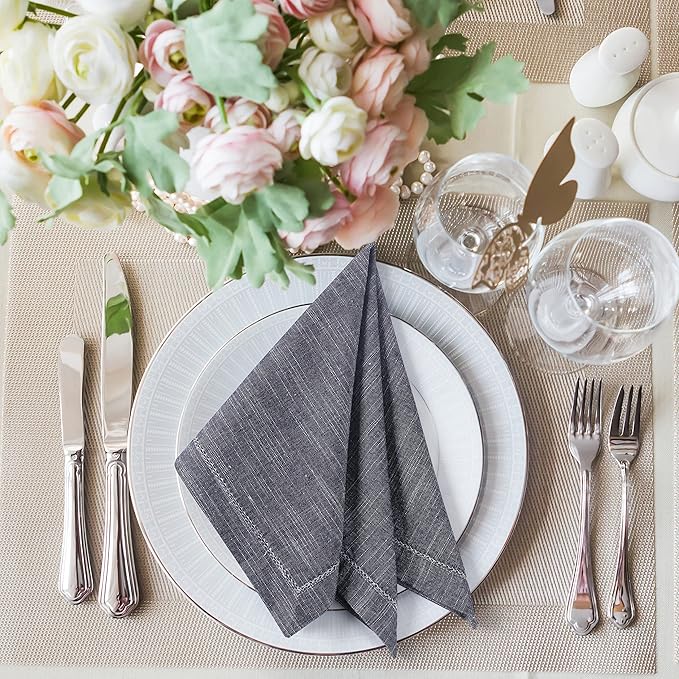 Chambray Slub Cloth Dinner Napkins Set of 6 (20X20 Inch - Navy Blue) 100% Everyday Use Premium Quality Over Sized with Mitered Corners Ultra Soft Durable Hotel (37962)