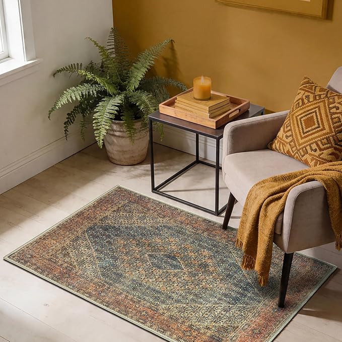 Keen Home Design 2x3 Rug - Machine Washable Entry Rug with Non-Slip Backing, Ideal for Enteryway, Kitchen, Bathroom, Laundry Room - Vintage, Easy Clean, Durable, Low Pile Rug - (2' x 3')